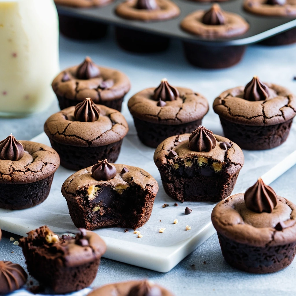 Six brownie cups with golden cookie dough centers, dusted with cocoa powder.