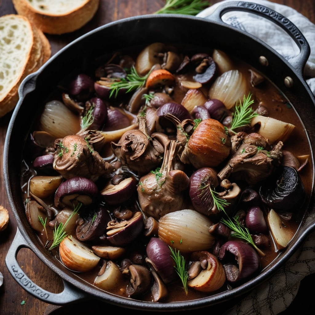 Rustic stew of chicken pieces with mushrooms and onions in a dark red sauce served in a cast iron skillet.