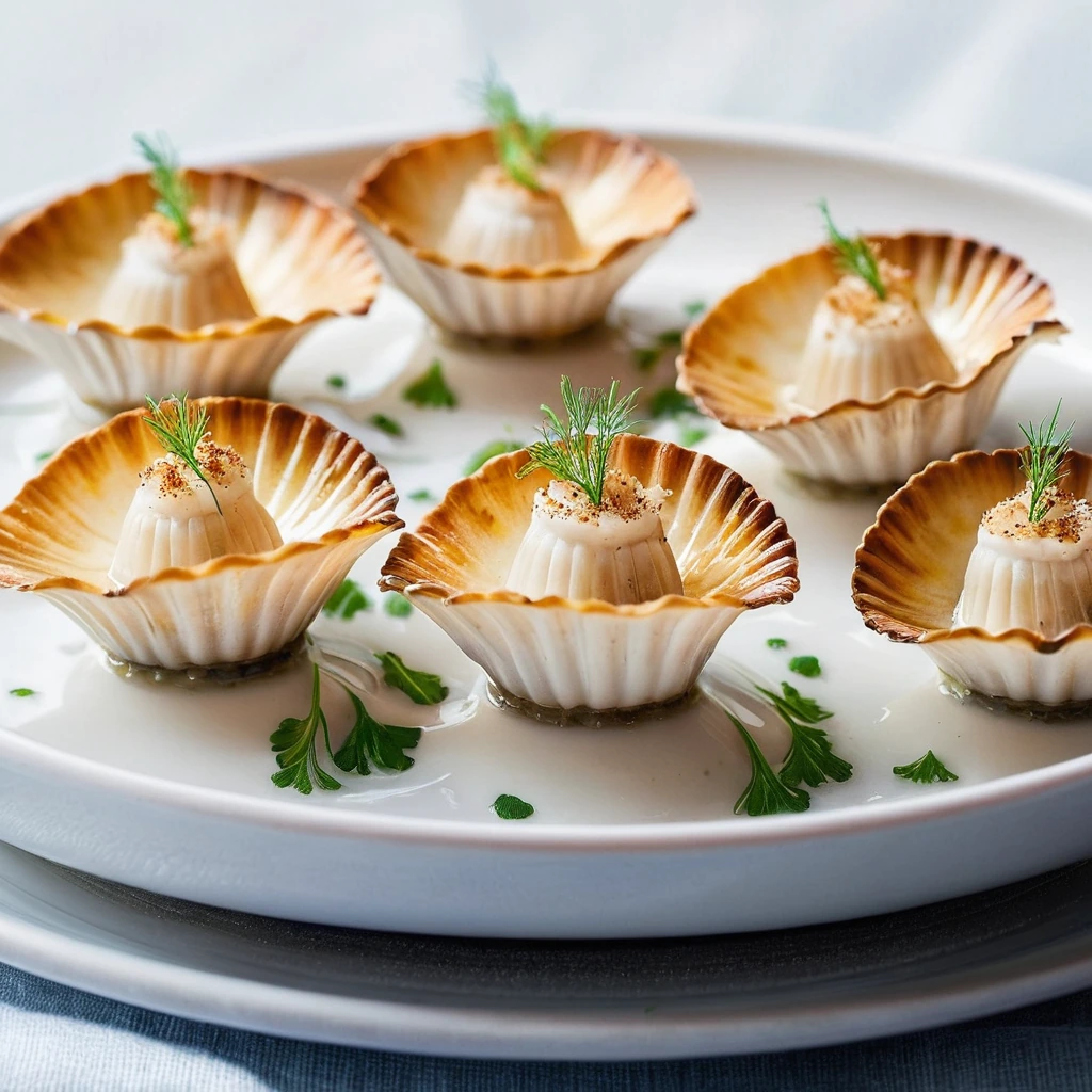 Baked scallops in shells with a golden brown, creamy sauce, served in individual dishes.