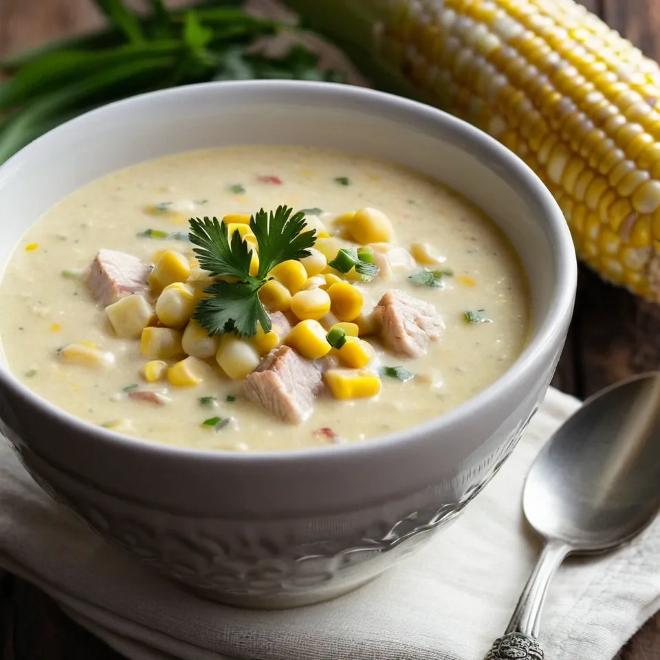A plated serving of Creamy Corn Chowder