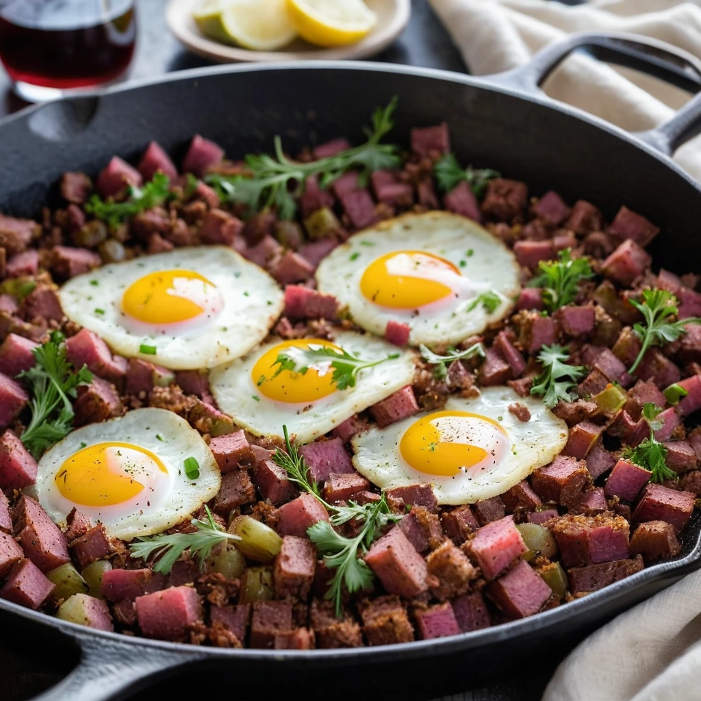 Golden brown corned beef hash with crispy edges served in a cast iron skillet
