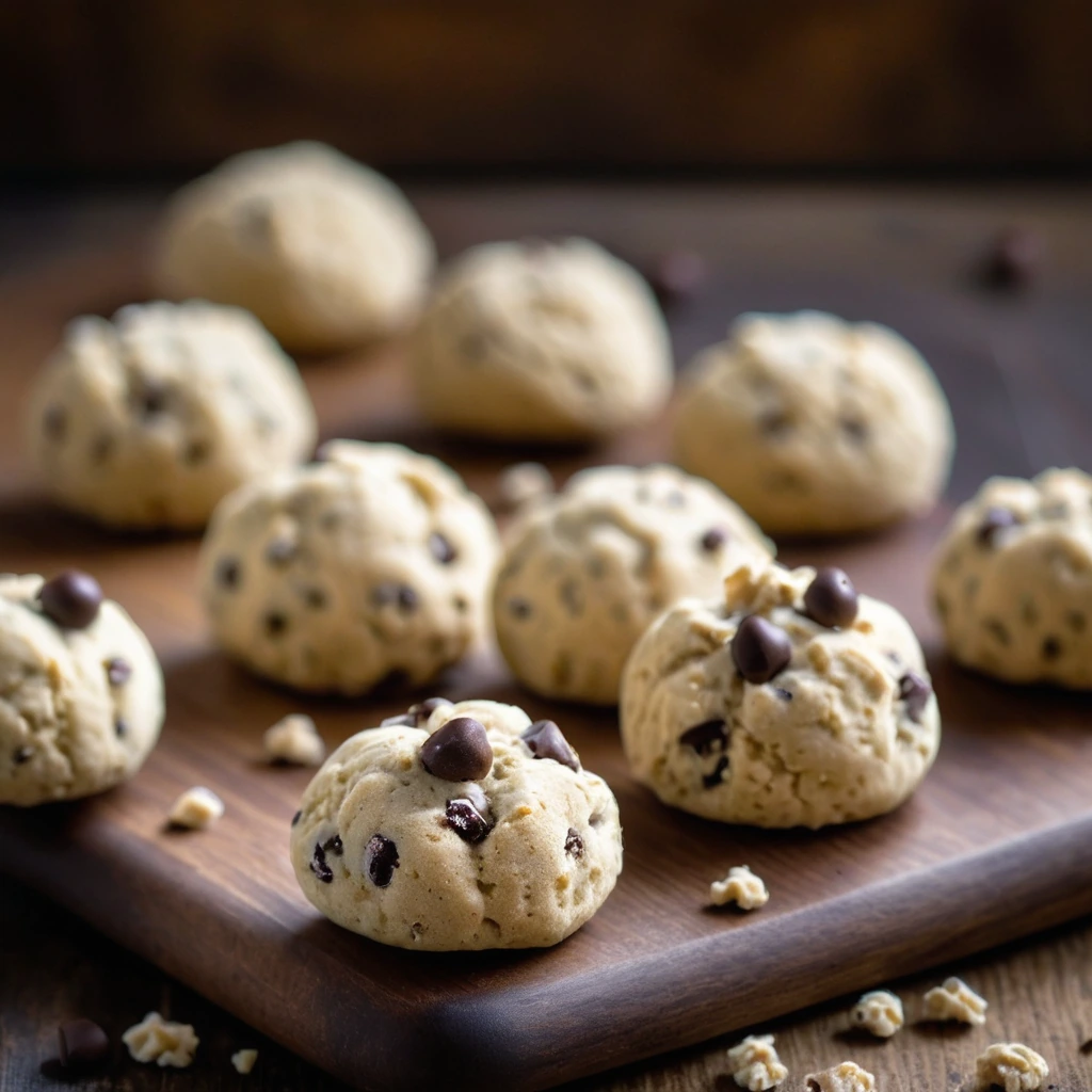 Golden cookie dough balls with flecks of chocolate on a rustic wooden board