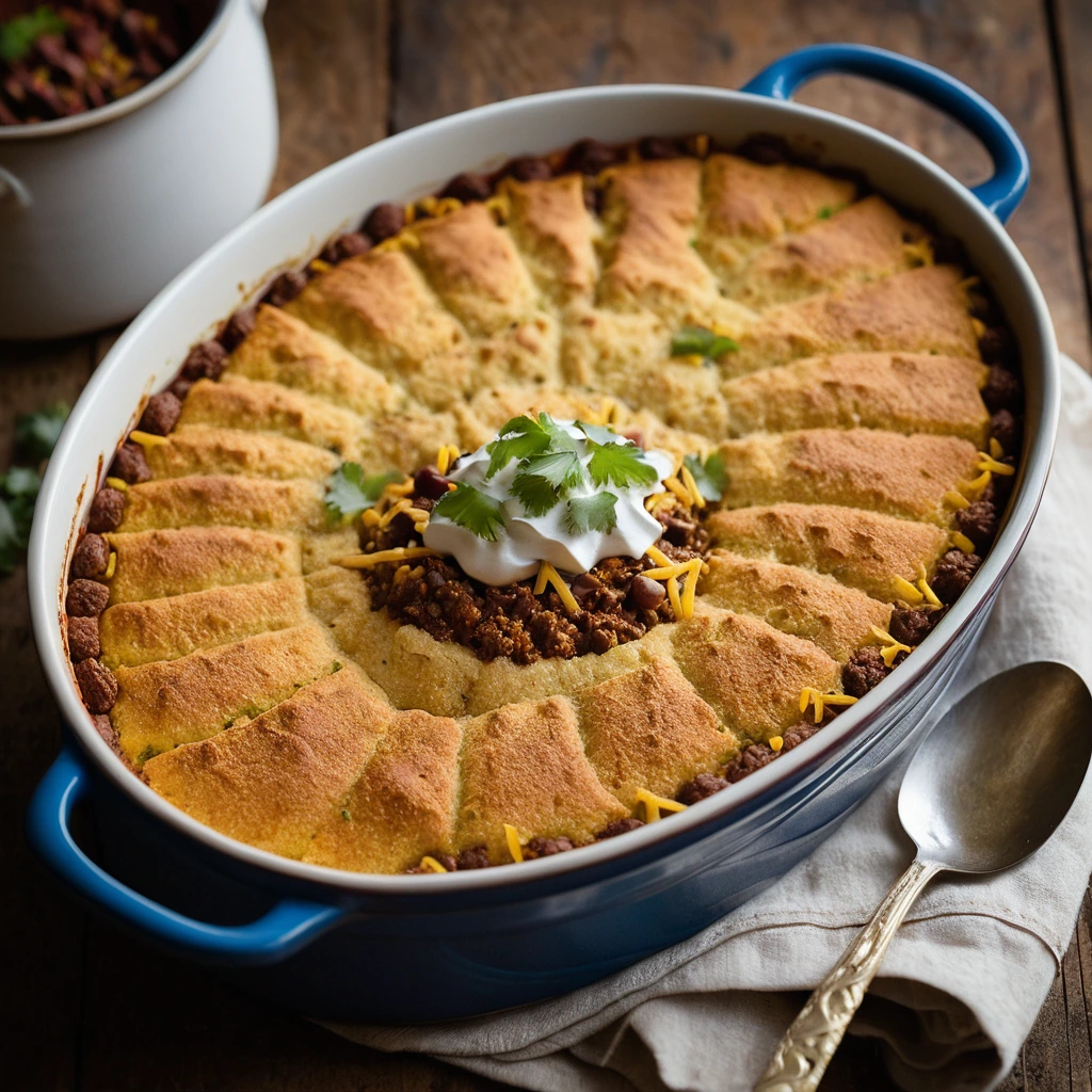 Baked casserole with golden cornbread top and red chili filling in a rustic oven-safe dish.