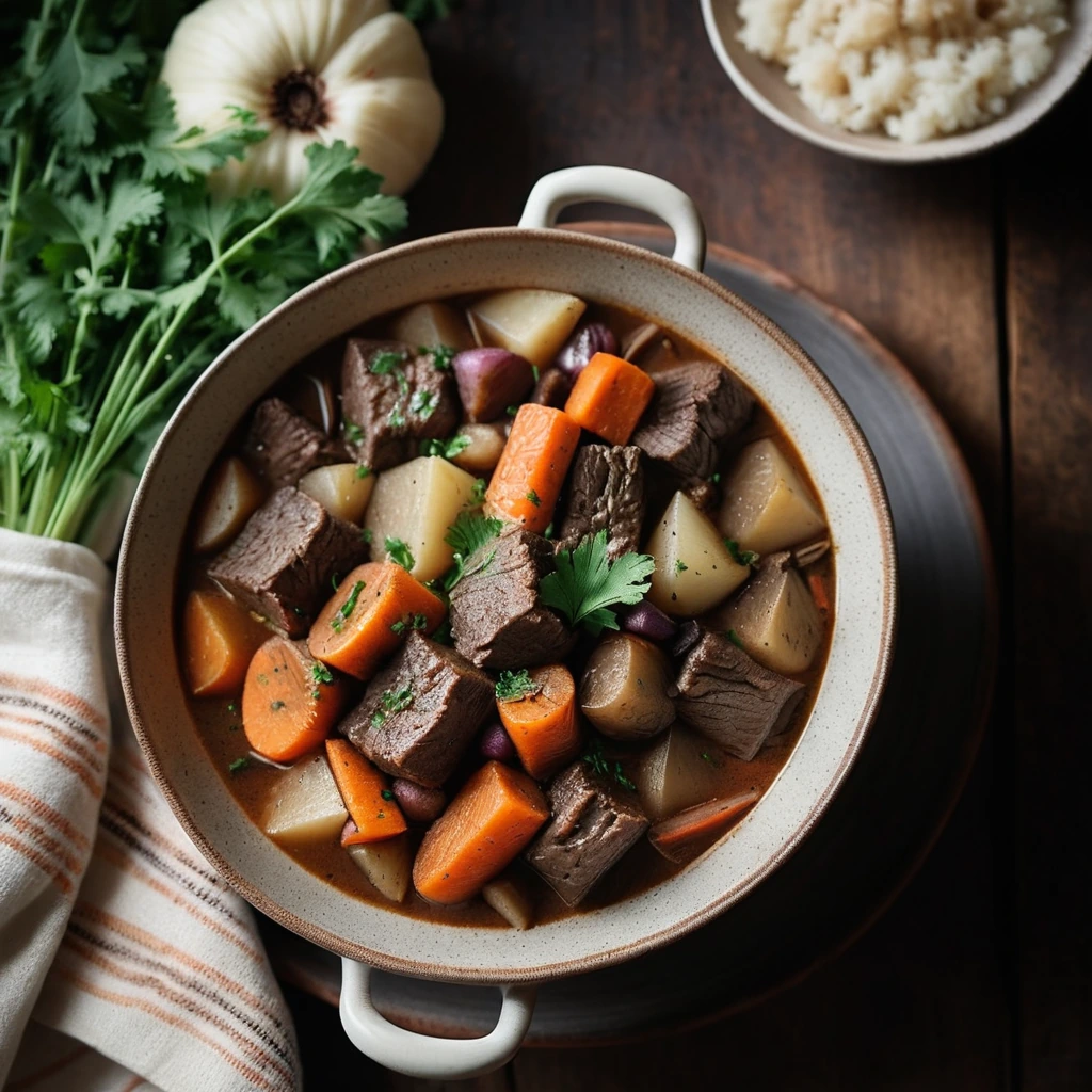 Rustic bowl of beef stew with carrots, potatoes, and onions in a thick gravy, garnished with fresh parsley.
