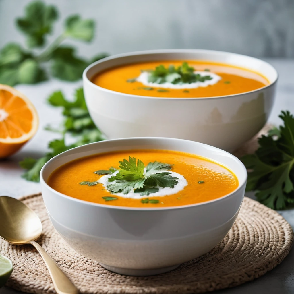 steaming bowl of orange soup with green cilantro garnish