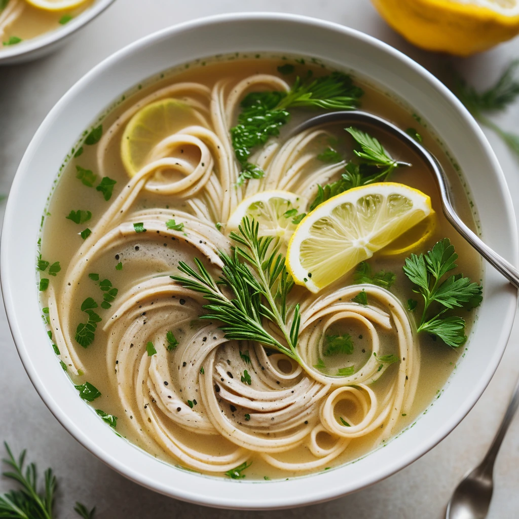 Steamy bowl of golden chicken noodle soup sprinkled with green dill and a wedge of lemon on the side