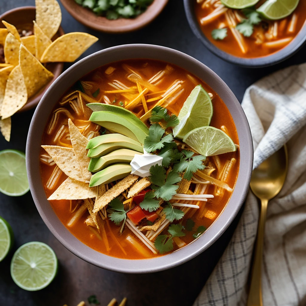 Steaming bowl of orange and red soup with chunks of chicken and green cilantro, topped with golden crispy tortilla strips