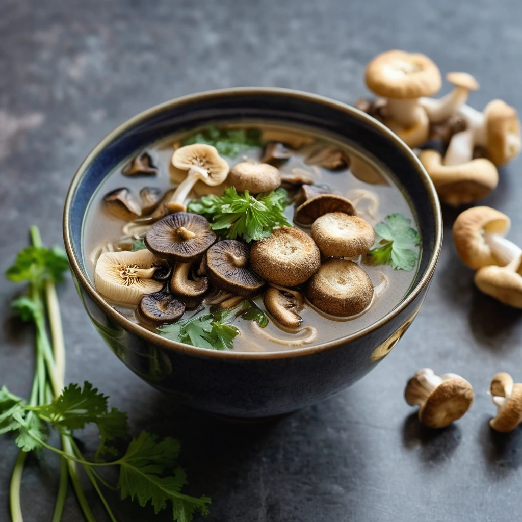 Golden croutons atop a steamy bowl of brown mushroom soup with golden noodles.