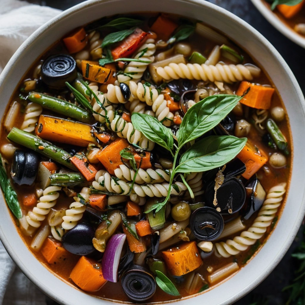 Bowl of minestrone soup with chunks of roasted vegetables, green beans, and pasta, drizzled with balsamic glaze.