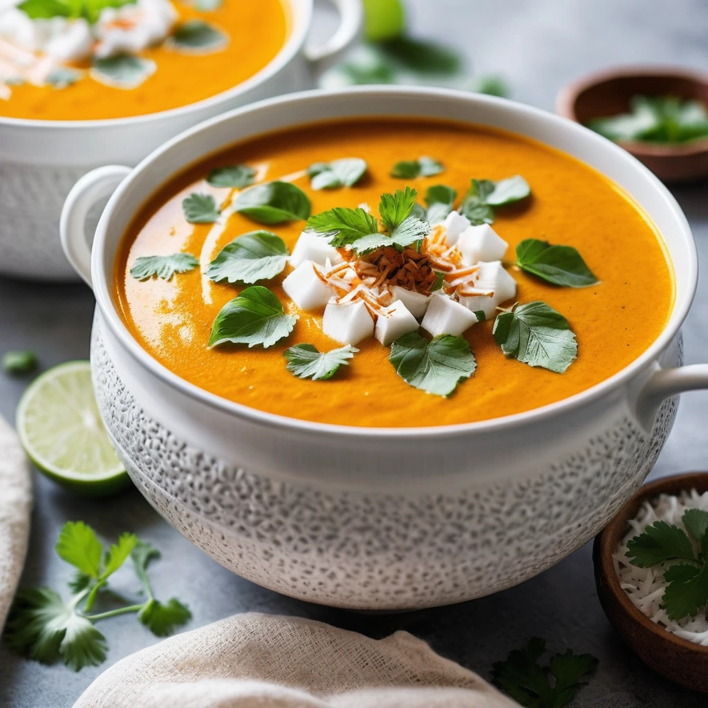 Bowl of vibrant orange soup topped with fresh cilantro and a drizzle of coconut cream.