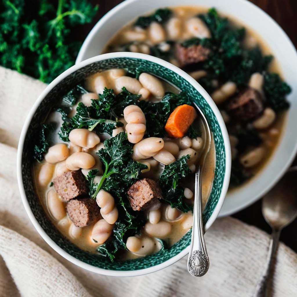 Bowl of creamy white bean stew with dark green kale and sausage slices
