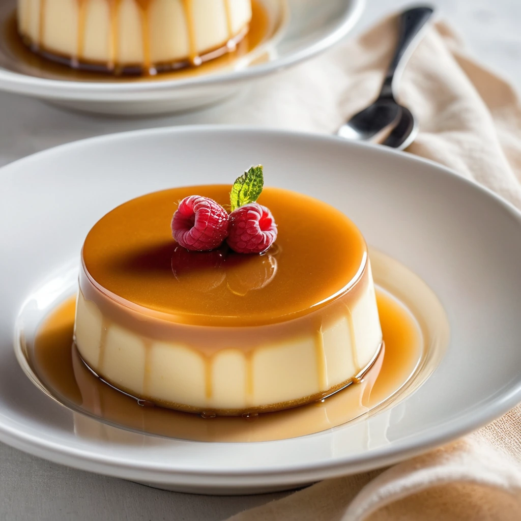Golden brown caramel sauce coats the edges of a custard in a round ramekin, with a smooth, creamy surface.