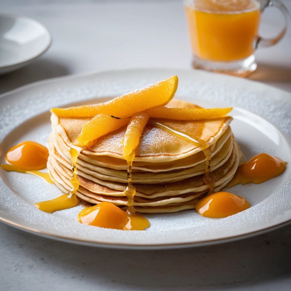 Stacked golden crêpes with a glossy orange sauce and a sprinkle of zest on a white plate