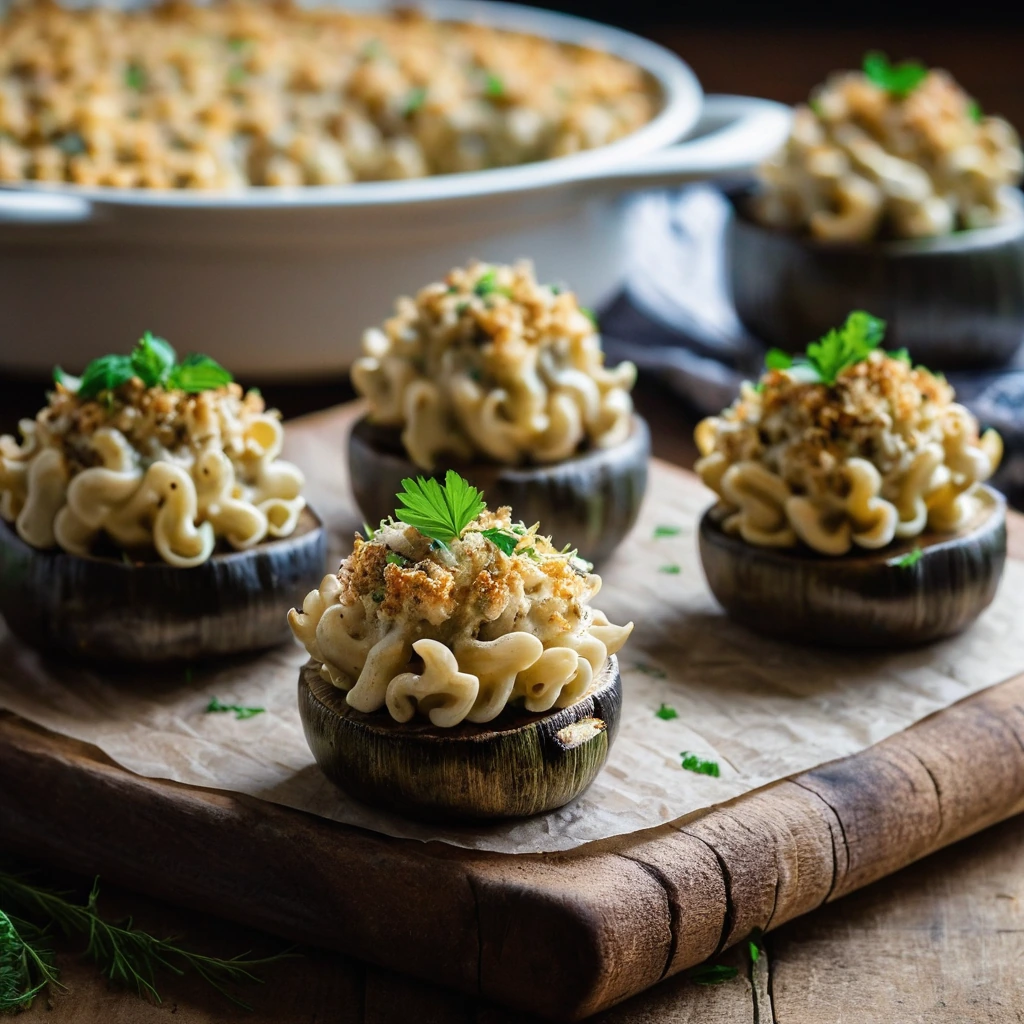 Golden mushrooms stuffed with creamy mac and cheese and flecks of crab meat, arranged on a rustic wooden board.