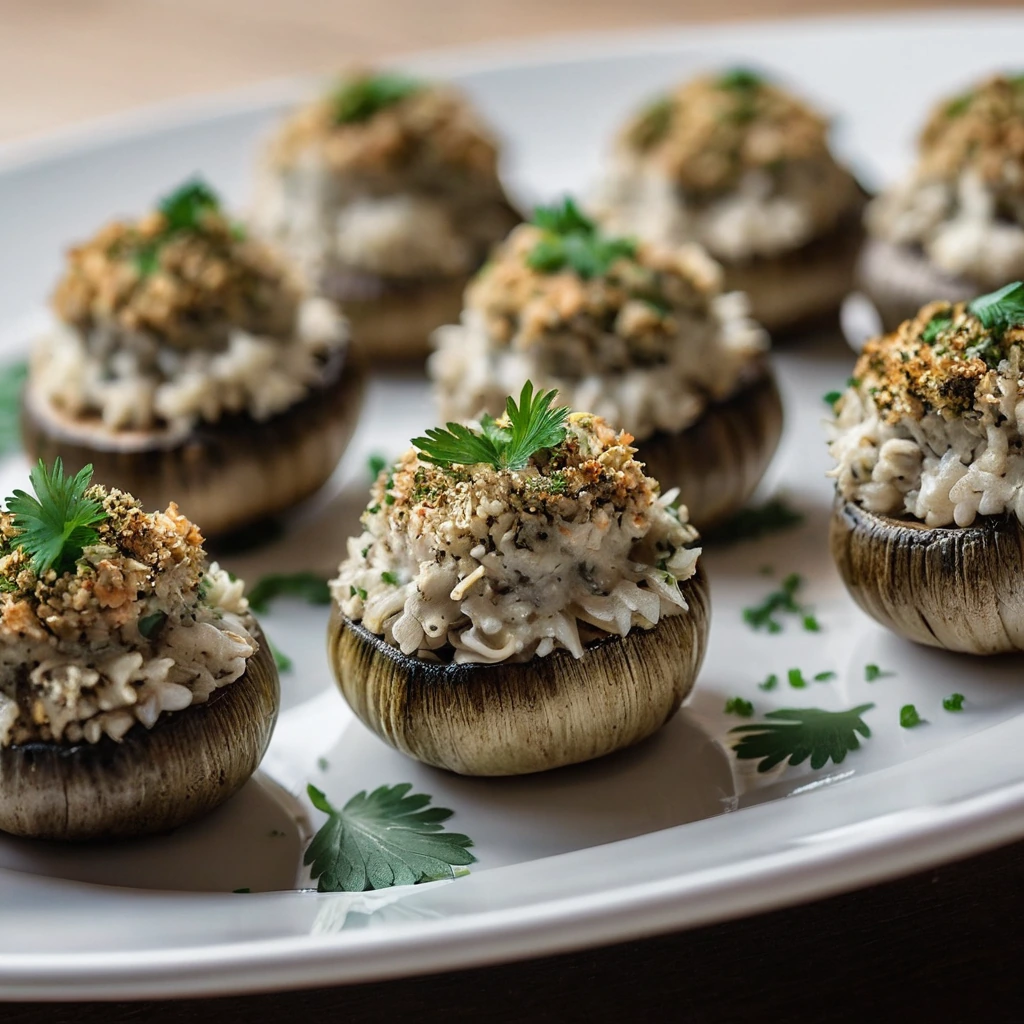 A platter of golden brown mushroom caps filled with a creamy white crab mixture and sprinkled with parsley.