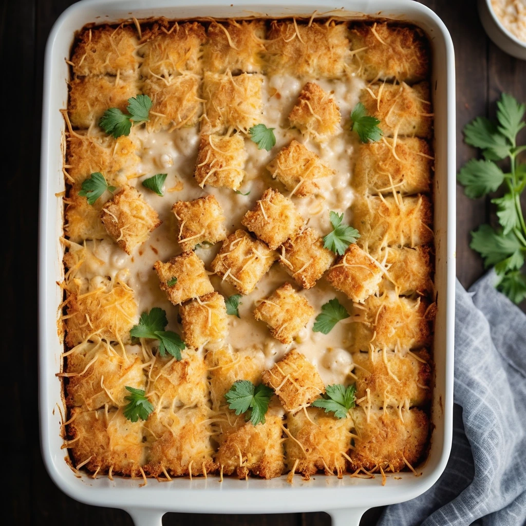 golden tater tots atop a bubbling casserole with shredded chicken and melted cheese in a rectangular baking dish