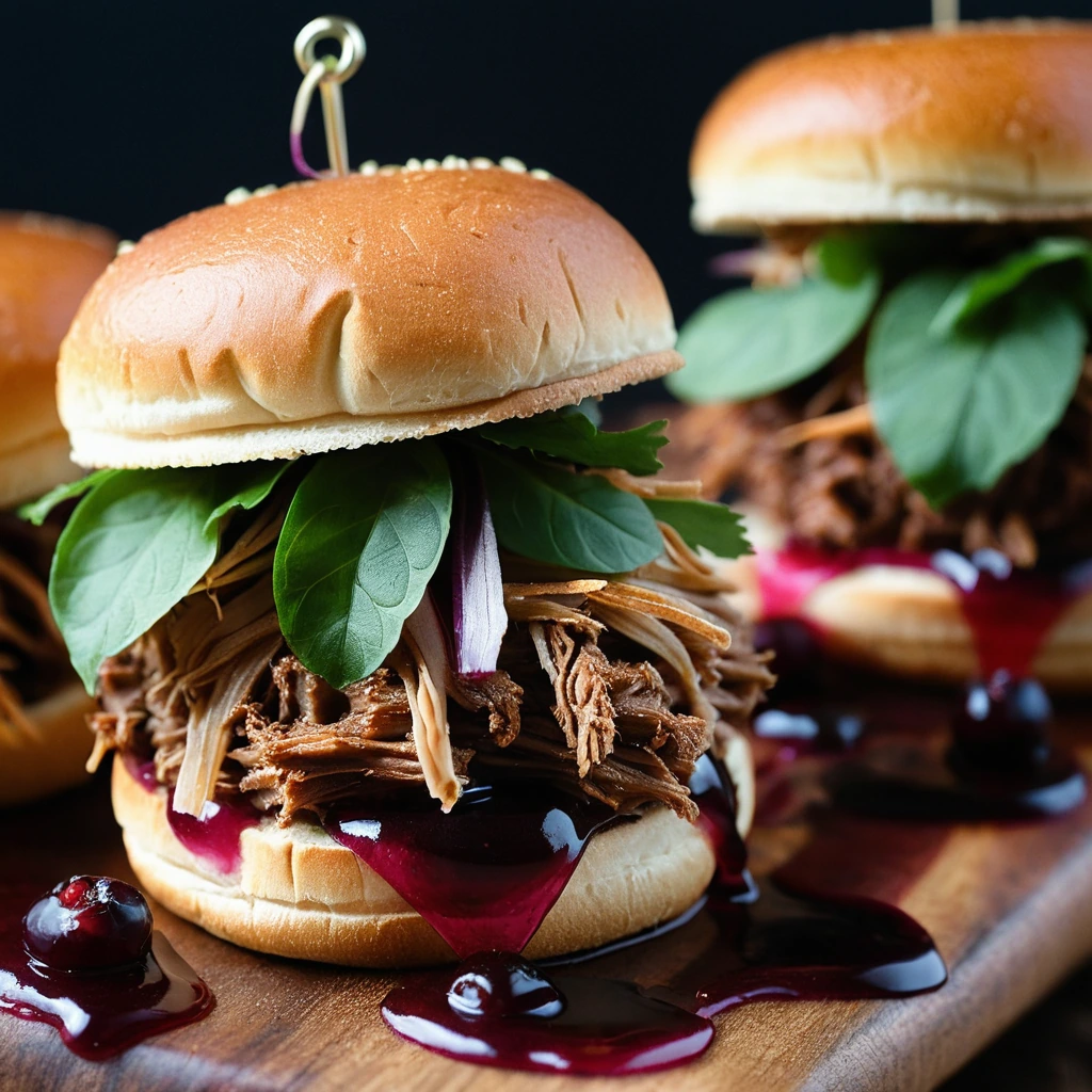 Mini slider buns filled with shredded pork and a vibrant red cranberry BBQ sauce, garnished with fresh cilantro.