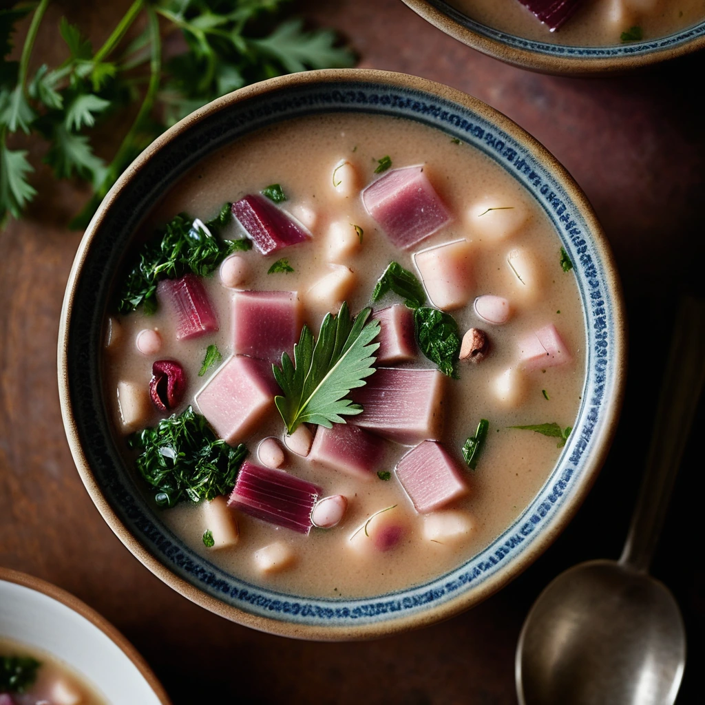 Rich golden soup in a rustic bowl with chunks of ham and beans, garnished with fresh parsley.