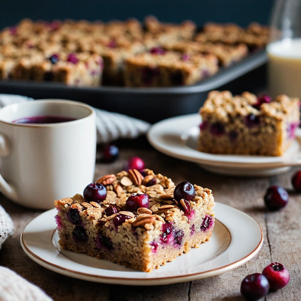 Golden squares of baked oatmeal in a rustic dish, dotted with ruby cranberries and orange zest.