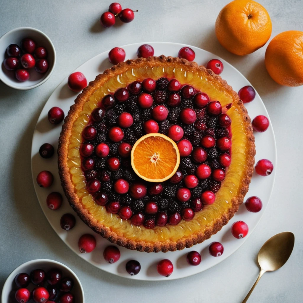 Golden cake with vibrant red cranberries and orange slices arranged in a circular pattern on top