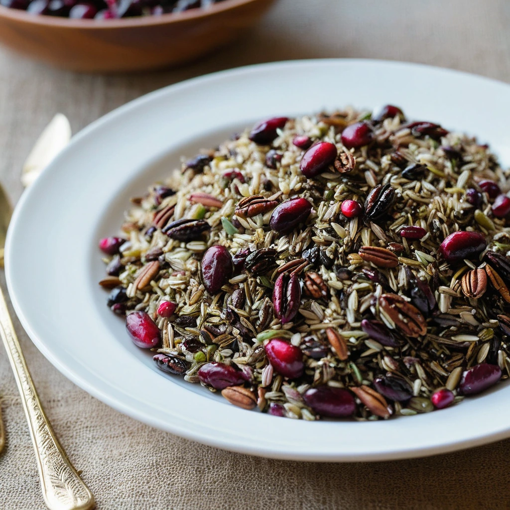 Golden wild rice pilaf with red cranberries and toasted pecans served on a white plate.