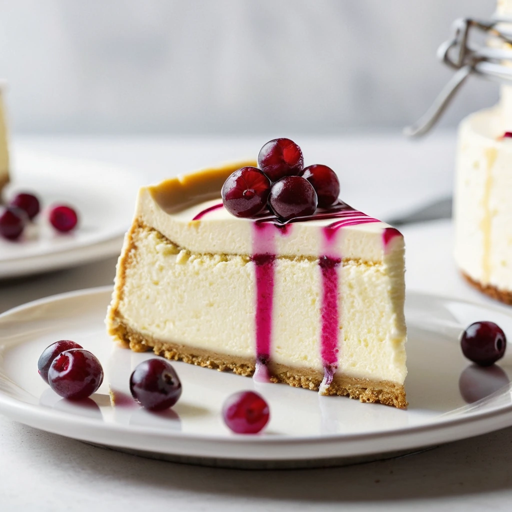 Golden cheesecake with red cranberry swirls, served on a white plate