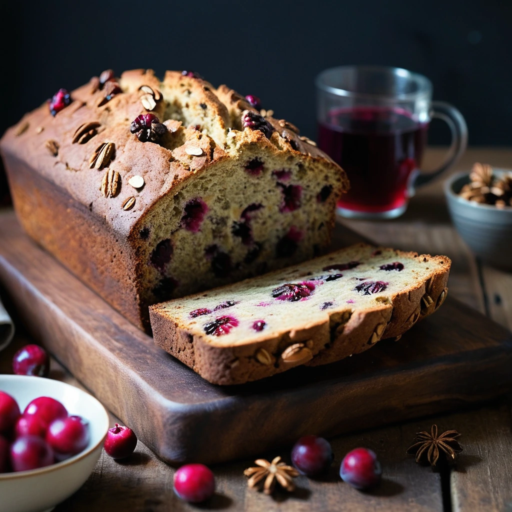 Golden loaf with visible cranberries and walnuts, sliced to reveal a speckled interior, resting on a rustic wooden board.