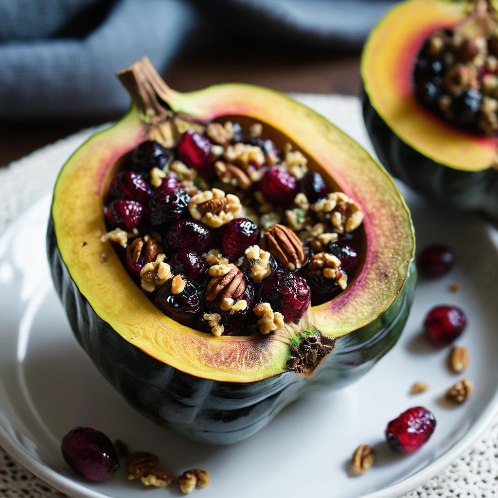 Halved roasted acorn squash filled with a colorful mix of cranberries and walnuts, garnished with fresh herbs.