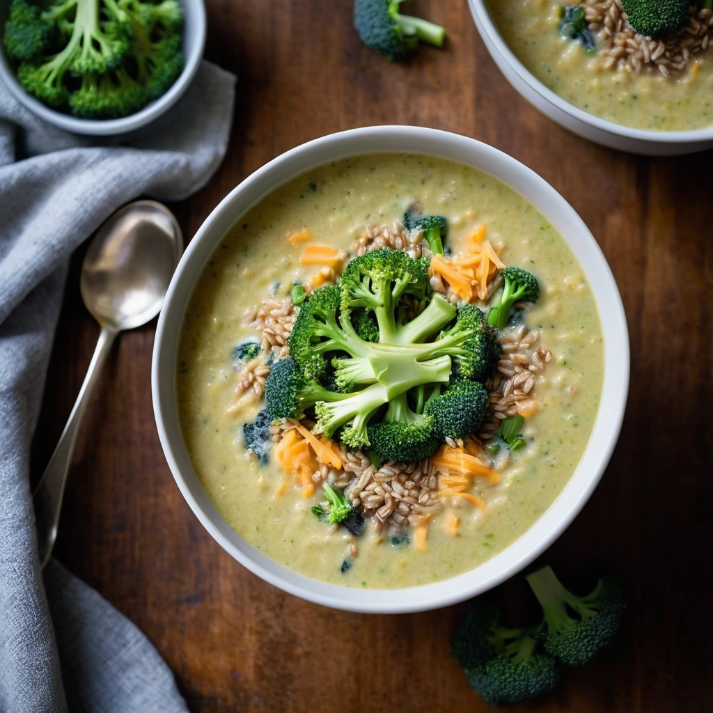Bowl of creamy orange soup with green broccoli florets and grains of brown rice, topped with melted cheddar cheese.