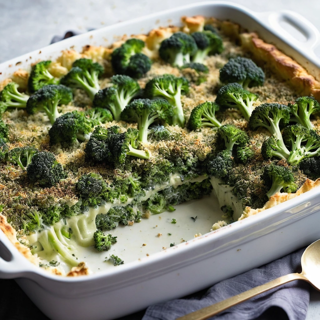 Golden bubbly gratin in a casserole dish with broccoli peeking through a crispy herb crust