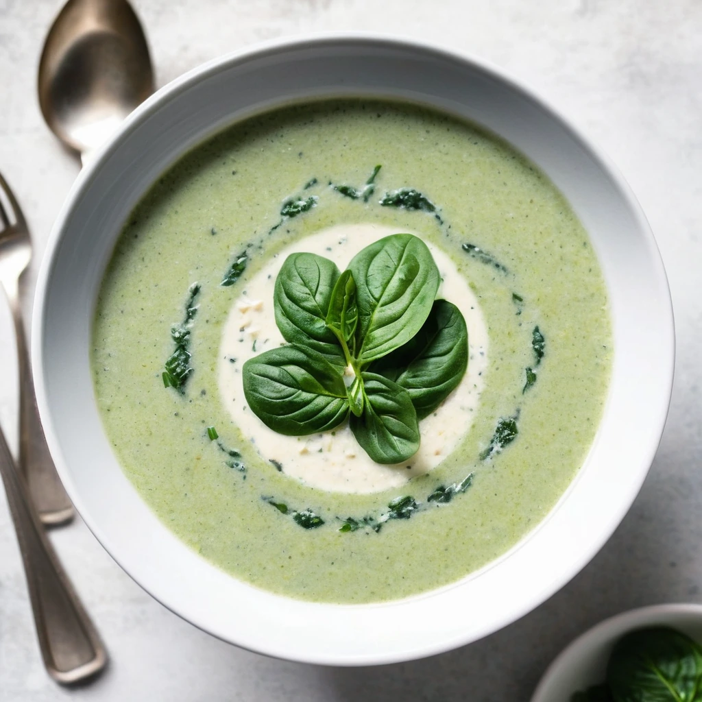 Bowl of creamy green soup with broccoli florets and spinach leaves, topped with grated Parmesan.