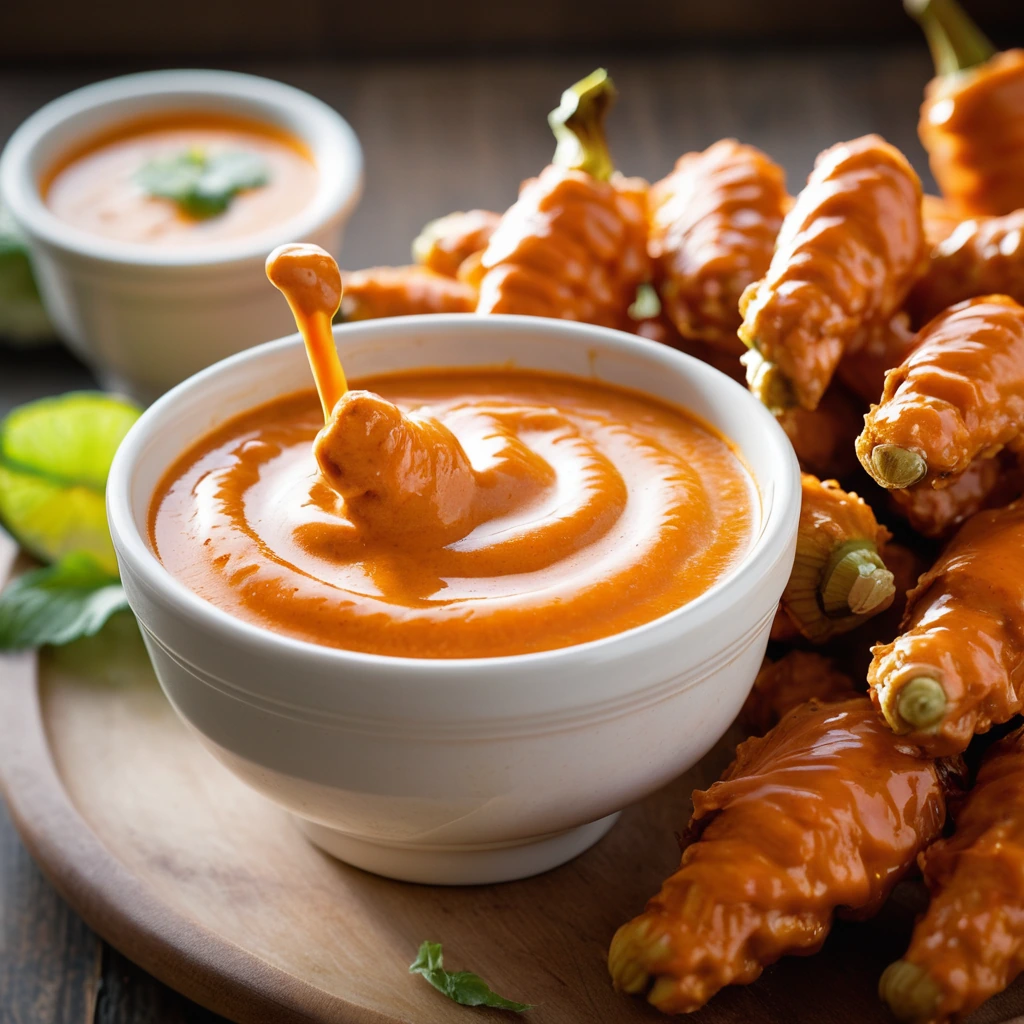 Bowl of vibrant orange sauce drizzled over golden buffalo wings with green ranch swirls.