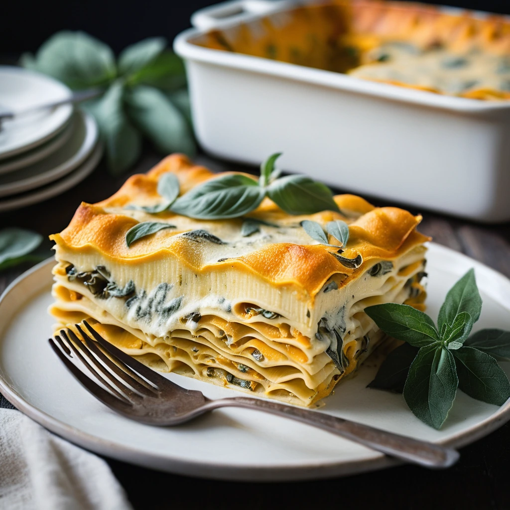 Baked lasagna with layers of roasted butternut squash, béchamel sauce, and sage leaves, topped with melted cheese.