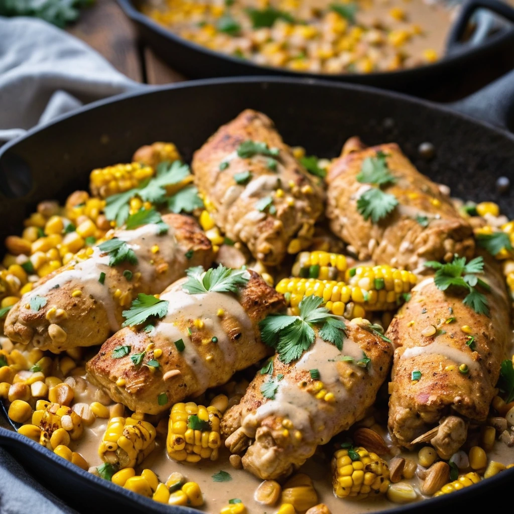Golden chicken thighs with vibrant yellow corn in a creamy orange sauce served in a sizzling skillet.