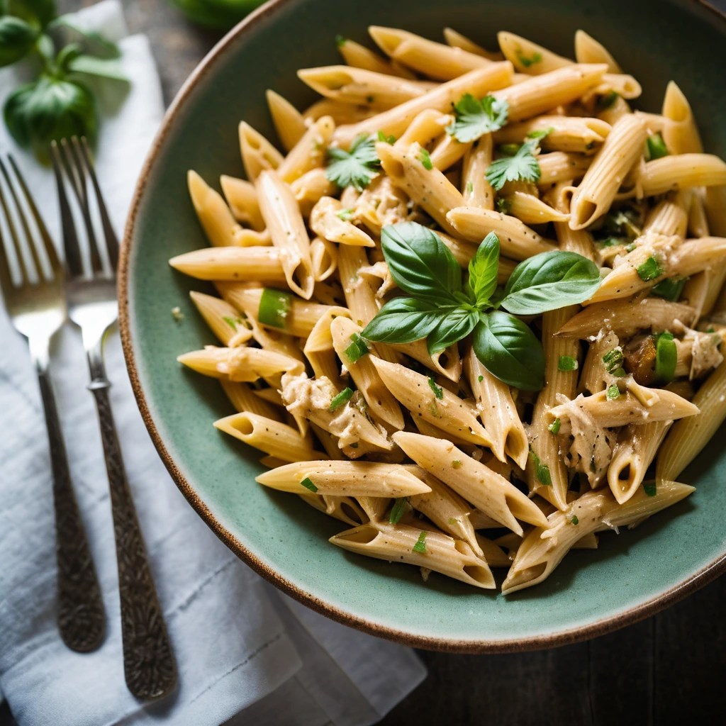 Creamy orange pasta with chunks of chicken and green bell peppers served in a rustic bowl with a sprinkle of parsley.