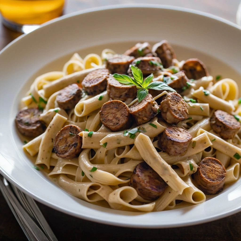 Creamy orange sauce coats fettuccine noodles with chicken and sausage in a large bowl.