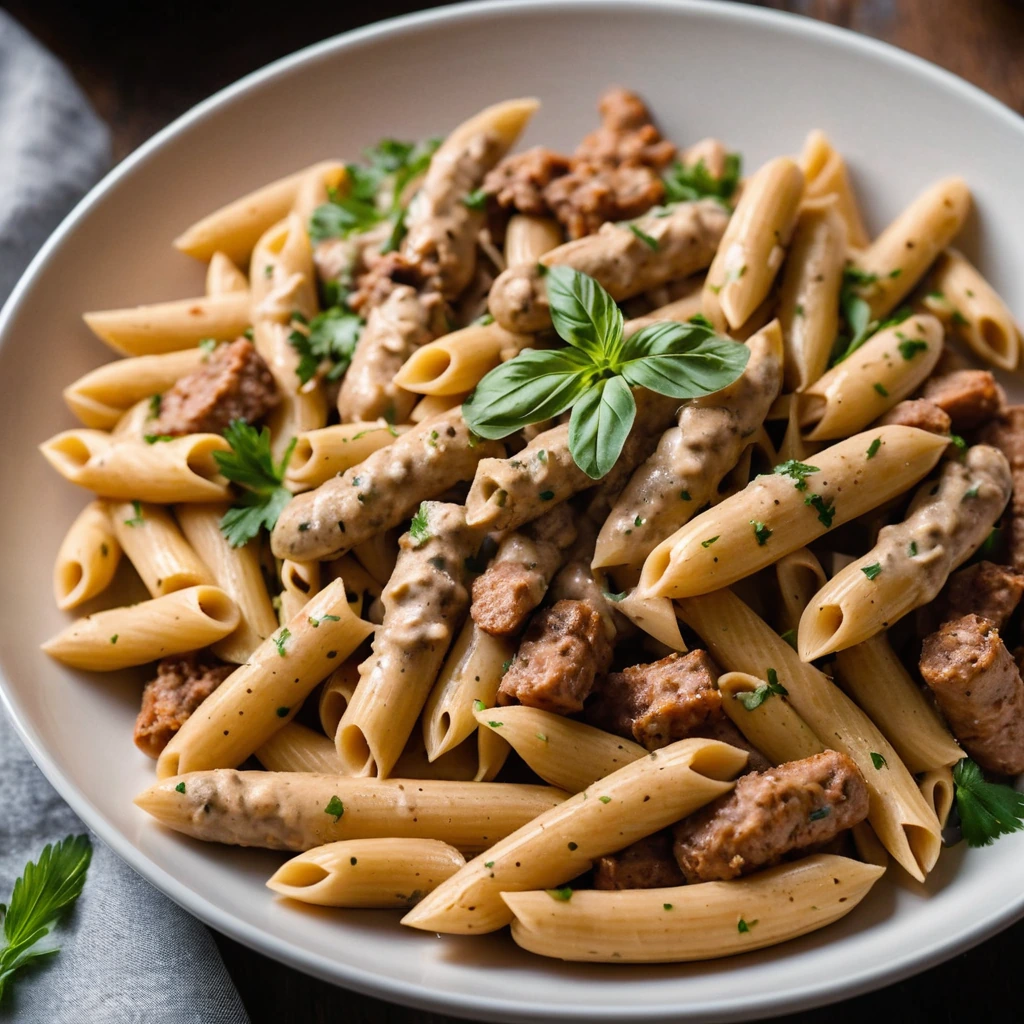 Creamy orange-hued penne pasta with chunks of chicken and sausage in a bowl, garnished with fresh parsley.
