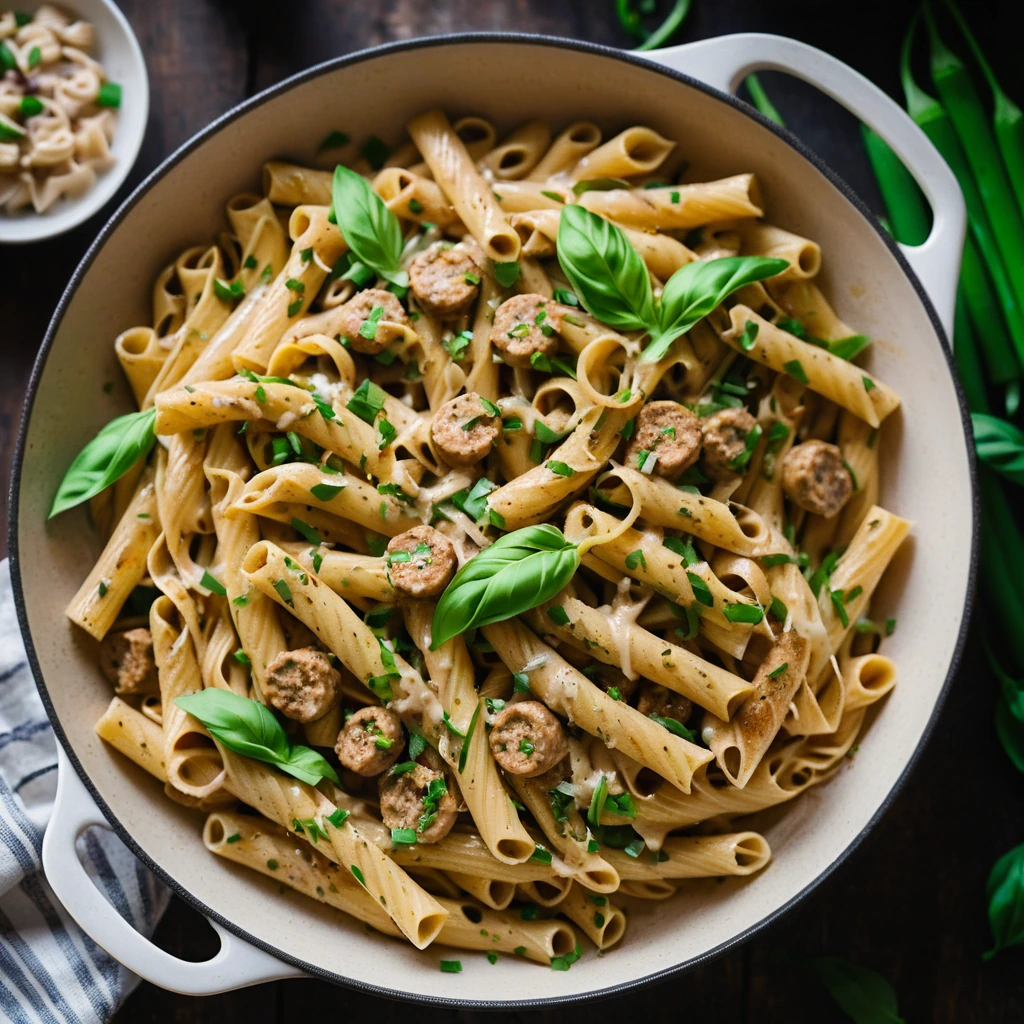 Golden pasta twirled with creamy cajun sauce in a skillet, topped with green scallions.