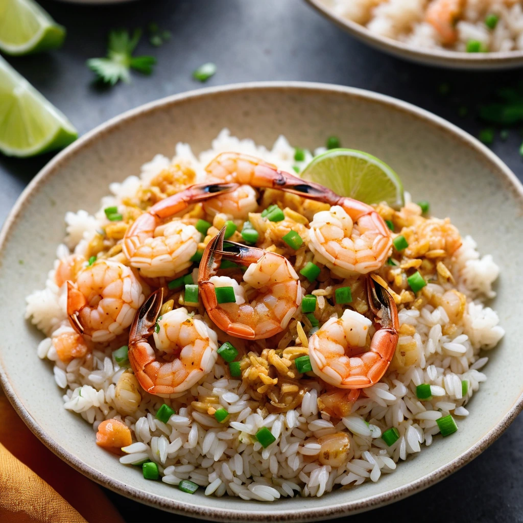 Golden shrimp in a vibrant orange sauce over white rice, garnished with green scallions.