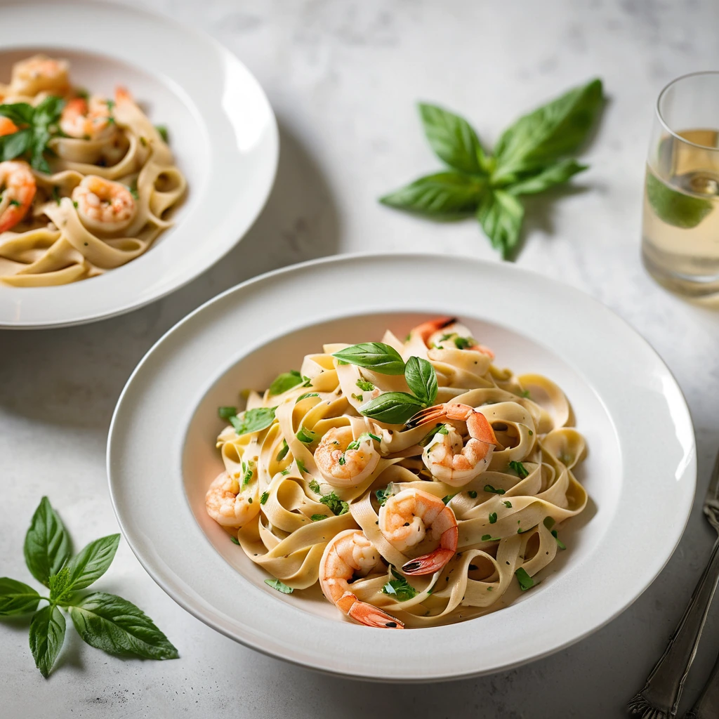 Creamy orange sauce coats golden shrimp and fettuccine pasta in a wide bowl, garnished with fresh parsley.