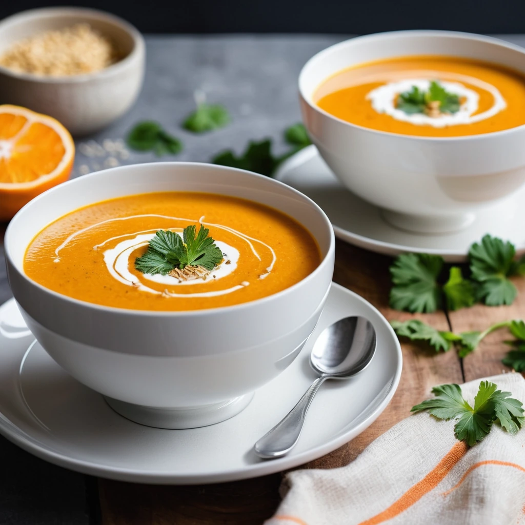 Bowl of vibrant orange soup with a swirl of coconut cream and a sprinkle of chopped cilantro