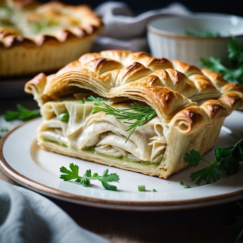 Golden puff pastry pie with creamy filling, sprinkled with fresh herbs on a rustic plate.
