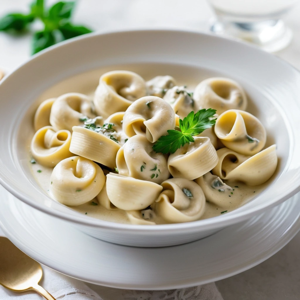 golden tortellini in a creamy white sauce with roasted garlic cloves scattered on top, served in a shallow bowl with fresh parsley