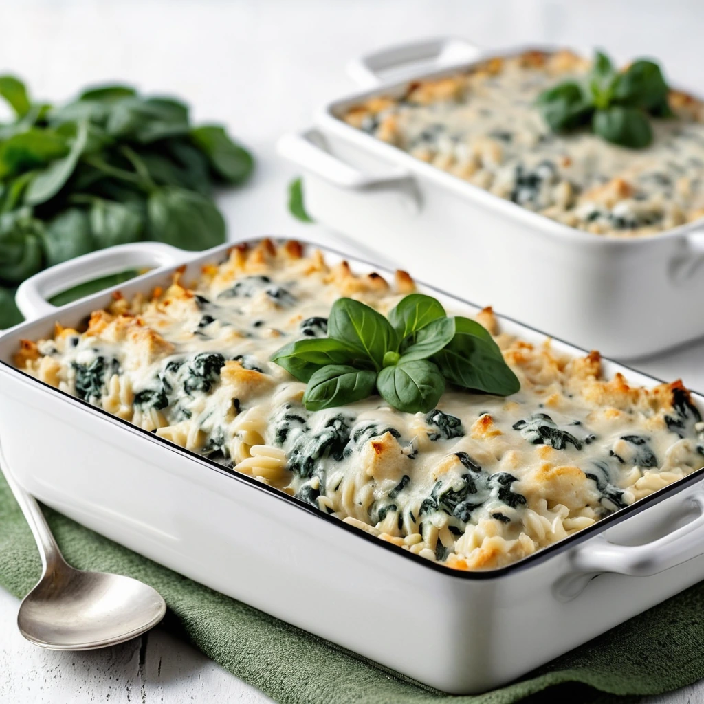 Baked casserole in a rectangular dish with golden chicken, green spinach, and creamy white sauce, topped with melted cheese.