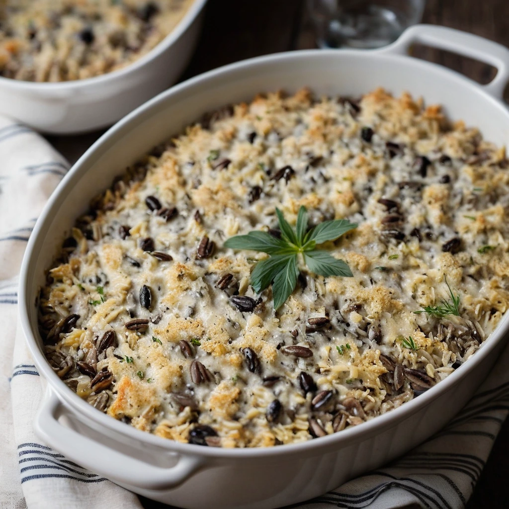 A golden casserole dish filled with creamy chicken and wild rice topped with melted cheese and breadcrumbs.