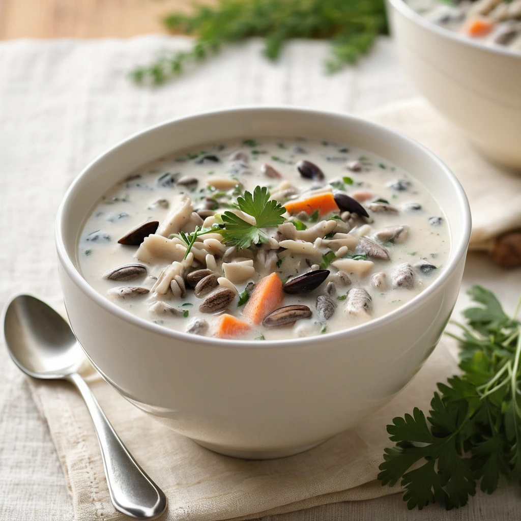 A steaming bowl of creamy soup with chunks of chicken and wild rice, garnished with fresh parsley.