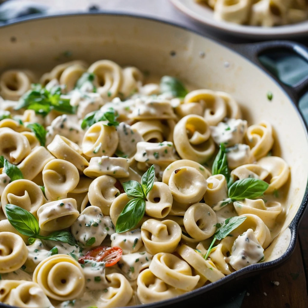 A golden skillet filled with creamy ranch-sauced tortellini, diced chicken, and crispy bacon.