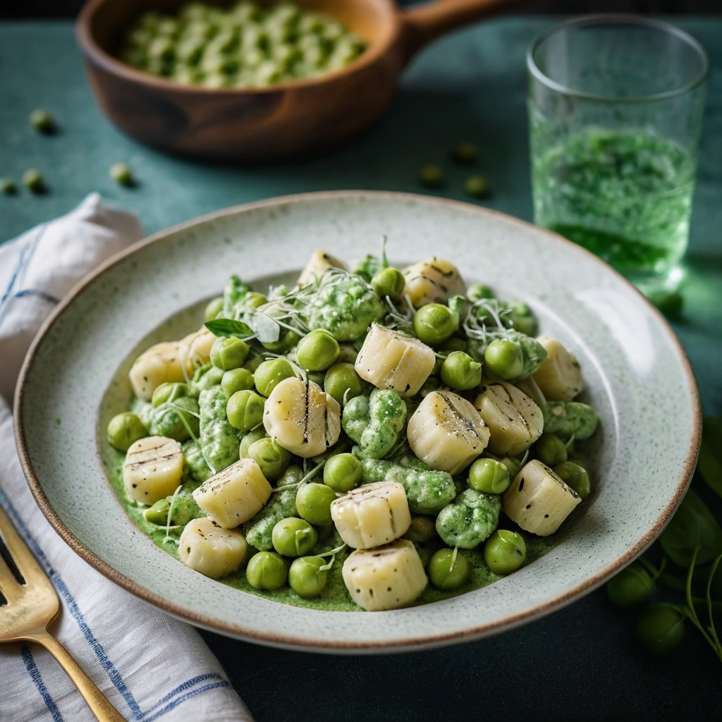 Gnocchi in a vibrant green pesto sauce with chicken and peas in a rustic bowl.