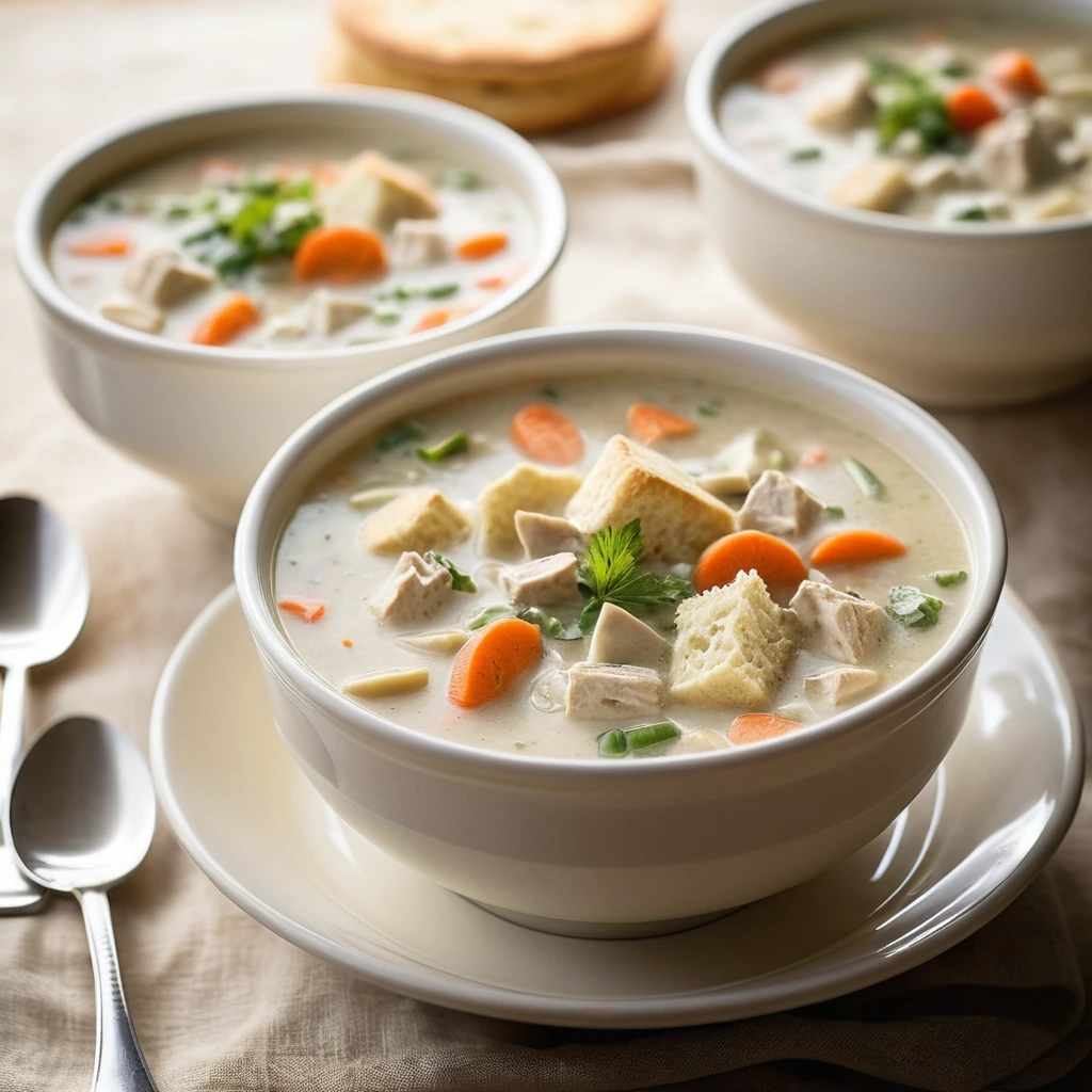 Steamy bowl of golden soup with chunks of chicken and vegetables, topped with fluffy, golden biscuits.