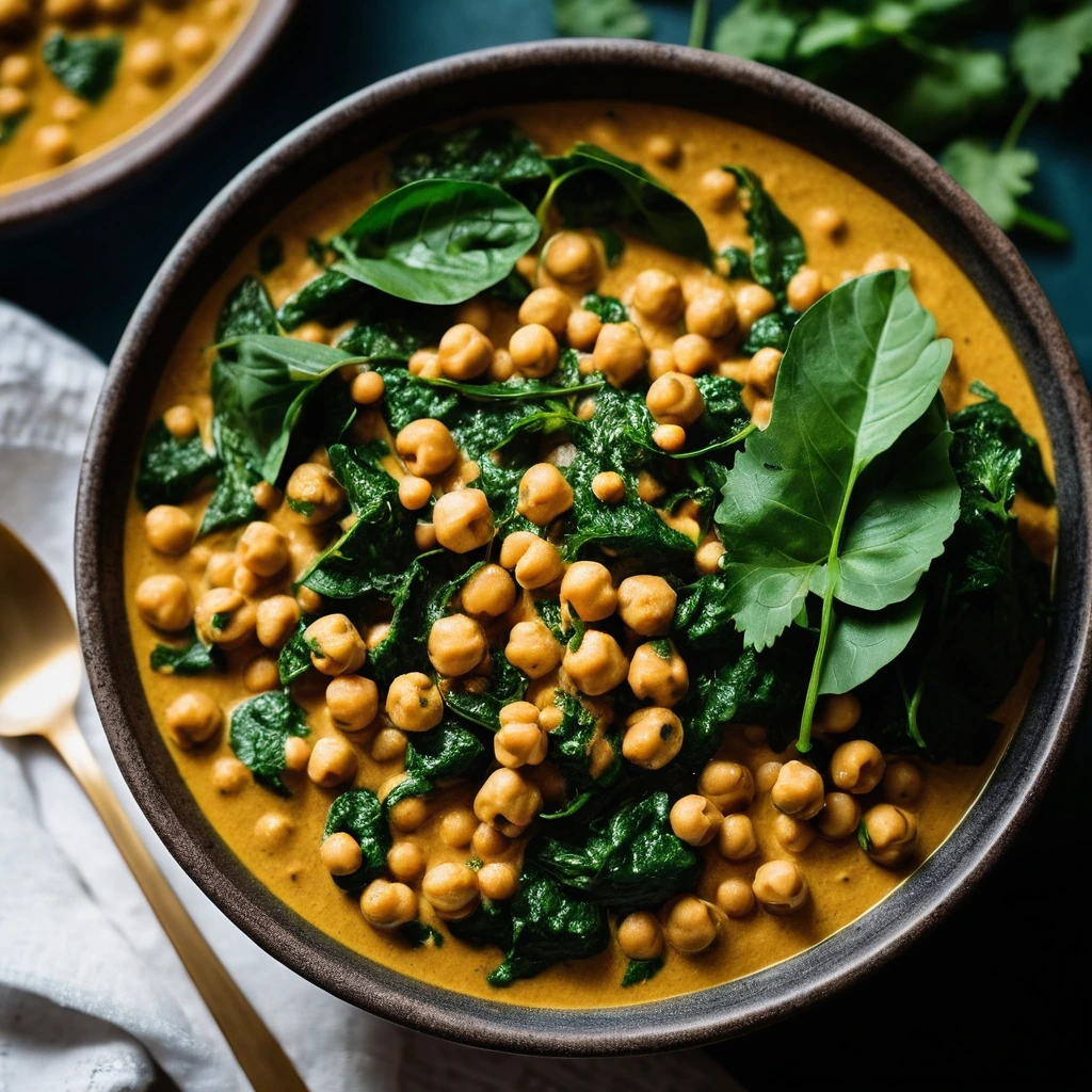Golden curry with chickpeas and vibrant spinach served in a deep bowl, garnished with fresh cilantro.